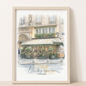 以下が含まれることがあります： 緑のオーニング、鉢植え、建築のディテールが描かれた「Cafe de L'Epoque」というパリ風ブラッスリーの額入り水彩画プリント。下部には「Our story began here」というテキストと「05.06.2026」という日付が印刷されています。
