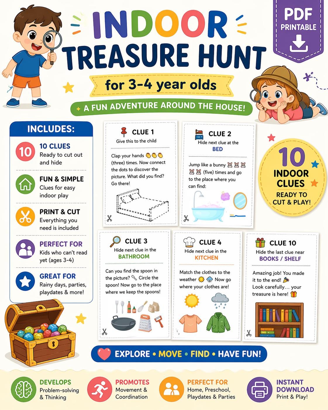 Indoor Treasure Hunt for Kids Ages 3-4, Printable Scavenger Hunt (PDF Download)