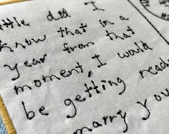 Felpa personalizzata con ricamo a mano, ricordo delle promesse nuziali, cimelio di grandi dimensioni.