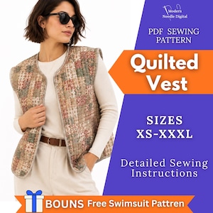 May include: A sleeveless quilted vest featuring a multi-coloured patchwork pattern with floral and geometric motifs. The vest has a round neckline and is worn over a long-sleeved white shirt. Text on the image includes PDF SEWING PATTERN Quilted Vest.