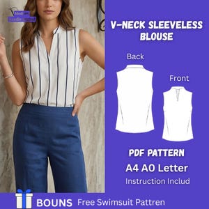 May include: A sleeveless V-neck blouse with vertical navy blue stripes on a white background. The image also shows a PDF pattern with the text "V-NECK SLEEVELESS BLOUSE", "PDF PATTERN", "A4 AO Letter", and "Instruction Includ".
