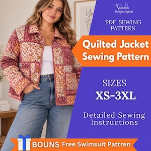 Peut inclure: Un patron de couture pour veste matelassée avec un motif patchwork composé de petites fleurs roses, orange et blanches. Le texte indique Modern Needle Digital, PDF Sewing Pattern, Quilted Jacket Sewing Pattern, Sizes XS-3XL, Detailed Sewing Instructions et BOUNS Free Swimsuit Pattren.