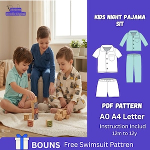 Könnte beinhalten: Drei Kinder in blauen und beigen Pyjamas spielen mit Holzblöcken und Spielzeug. Das Bild enthält ein Schnittmuster für Kinderpyjamas mit dem Text "KIDS NIGHT PAJAMA SIT" und "PDF PATTERN". Das Muster ist für Größen von 12 Monaten bis 12 Jahren.