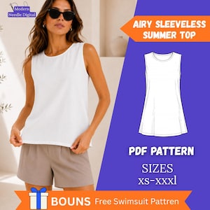 Cartamodello per top estivo senza maniche leggero: download digitale in PDF - Taglie XS-XXXL / Blusa canotta da donna adatta anche ai principianti