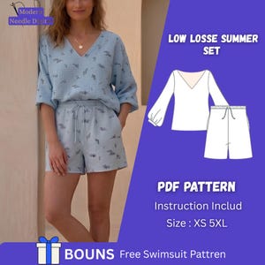 May include: A light blue two-piece set featuring a V-neck top with three-quarter sleeves and matching shorts with a drawstring waist, both decorated with a small dark floral pattern. The image includes text: LOW LOSSE SUMMER SET PDF PATTERN.