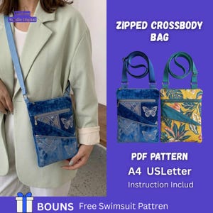 Puede incluir: Un bolso cruzado de mezclilla azul con un diseño de mariposa y cierre de cremallera. El bolso tiene una correa larga y ajustable. La imagen también muestra un segundo bolso con un estampado floral. El texto en la imagen dice "ZIPPED CROSSBODY BAG" y "PDF PATTERN".