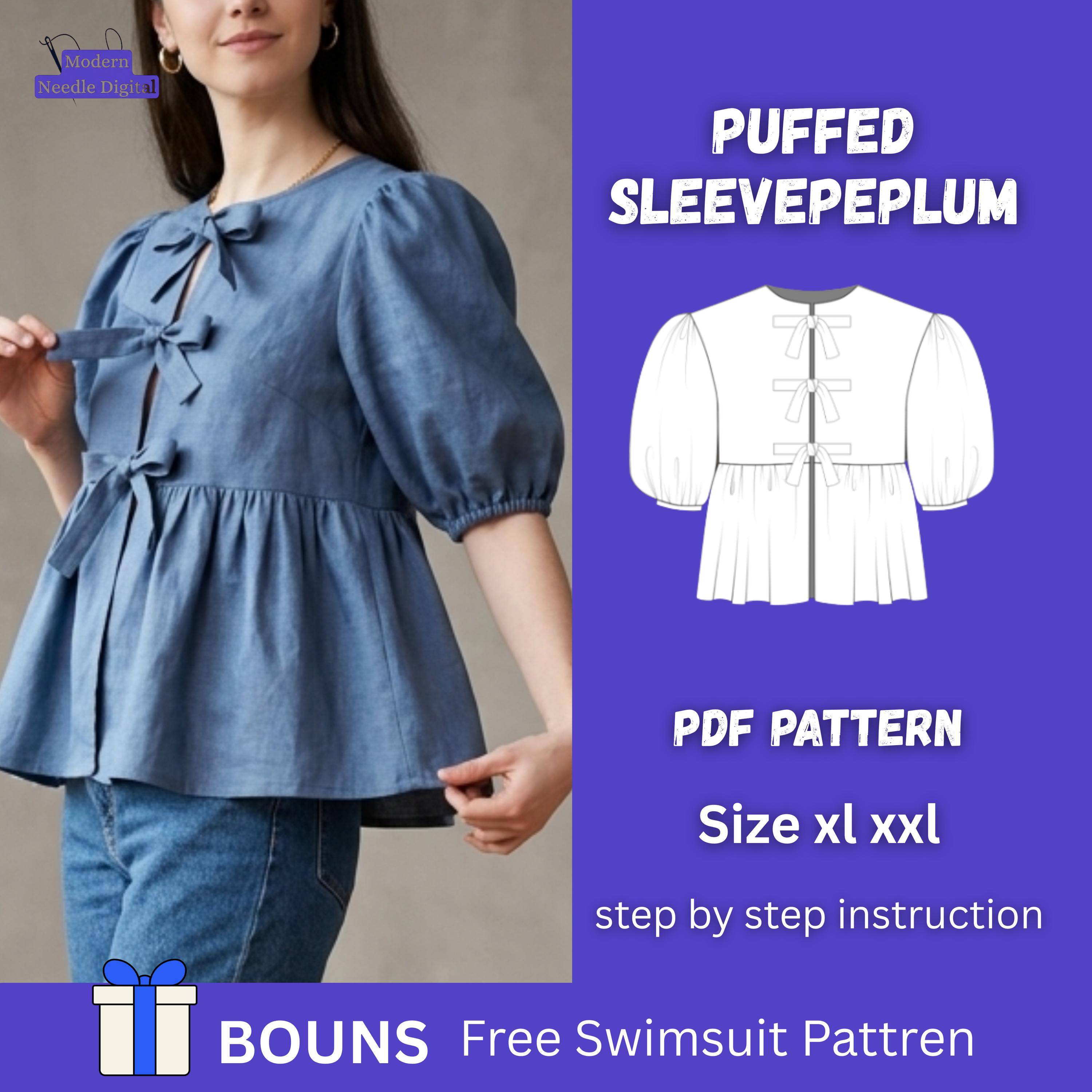 Puffed Sleeve Peplum Top PDF Sewing Pattern | Front Tie Blouse With ...