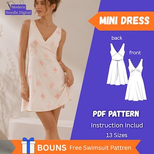 May include: A white mini dress with a red floral pattern, featuring a V-neckline and sleeveless design. The image includes technical line drawings of the front and back views, labeled "MINI DRESS" and "PDF PATTERN" with "Modern Needle Digital" text.