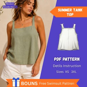 May include: A sage green sleeveless tank top with wide straps and a square neckline. The image includes a white line drawing of the tank top, text reading SUMMER TANK TOP, PDF PATTERN, Detils Instruction, Sizes XS 3XL, and BOUNS Free Swimsuit Pattren.