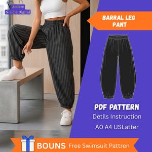 May include: Black barrel leg pants with white vertical pinstripes, an elastic waistband, and cuffed ankles. The image includes text reading Modern Needle Digital, BARRAL LEG PANT, PDF PATTERN, Detils Instruction, AO A4 USlatter, and BOUNS Free Swimsuit Pattren.