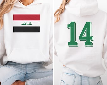 Football Inspired Iraqi Tribute Design, Iraq #14 Jersey Style Graphic Tee, Soccer 2026 World USA Fans 2-Sided Casual Unisex T-Shirt