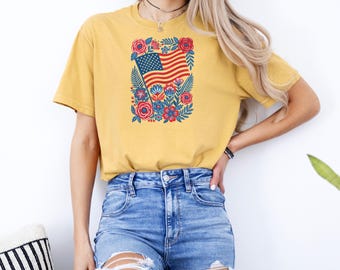 Patriotic Floral American Flag Shirt, USA Independence Day Graphic Tee, Comfort Colors Shirts