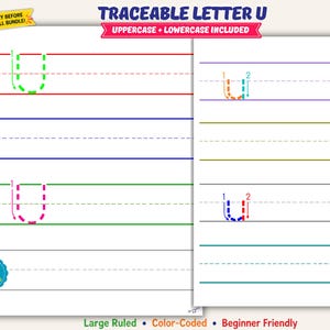 Scheda di lavoro per tracciare la lettera U, Esercizi di tracciamento della lettera U, Materiale stampabile per la scuola materna e l'asilo, Istruzione domiciliare, Supporto per la dislessia