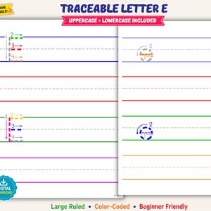 May include: Educational worksheet for practicing the letter E, featuring uppercase and lowercase traceable characters with numbered directional arrows on color-coded lines. The layout includes blue, red, green, and purple ruled writing guides.