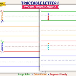 Può includere: Foglio di lavoro educativo per tracciare la lettera I, con esempi in maiuscolo e minuscolo su linee codificate a colori. La pagina include frecce direzionali e passaggi numerati per la scrittura, su sfondo bianco con linee orizzontali colorate.