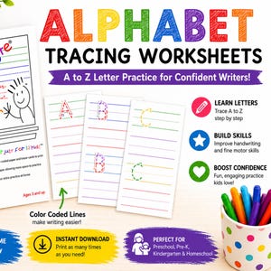 Puede incluir: Hojas de trabajo de trazado del alfabeto con líneas codificadas por colores para escritores seguros. La portada muestra un cuaderno con el texto "Kidz Note" y "ABC paper". Las hojas de trabajo están diseñadas para niños de 3 años en adelante e incluyen 52 páginas. Una taza de bolígrafos coloridos está en primer plano.