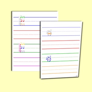 Op de afbeelding: Twee pagina's met gestreept papier met gestippelde lijnen in verschillende kleuren. De bovenste pagina heeft een nummer 2, 3 en 4 met pijlen die naar rechts wijzen. De onderste pagina heeft een nummer 2, 3 en 4 met pijlen die naar links wijzen.