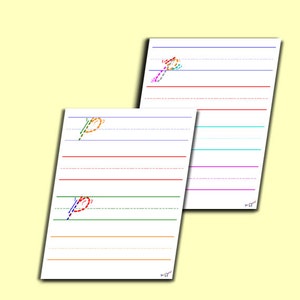 May include: Two white lined paper sheets with colorful lines and the letter "P" written on them in different colors. The letter "P" is shown with dotted lines to guide writing. The sheets are angled against a light yellow background.