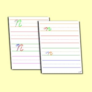 May include: Two printable worksheets for practicing cursive handwriting. The first worksheet has the letter 'n' written in green, red, and blue. The second worksheet has the letter 'n' written in orange, green, and blue.