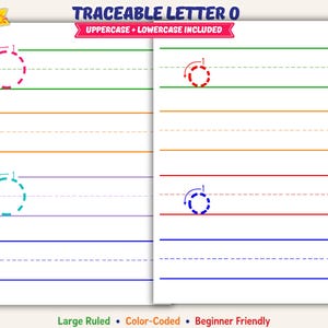 Könnte beinhalten: Ein druckbares pädagogisches Arbeitsblatt mit dem Titel TRACEABLE LETTER O, das Übungszeilen für den Groß- und Kleinbuchstaben O enthält. Die Seite umfasst farbcodierte Linien in Grün, Orange, Rot und Blau mit gestrichelten Hilfslinien.