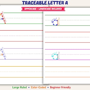 Könnte beinhalten: Ein pädagogisches Arbeitsblatt mit dem Titel TRACEABLE LETTER A, das Groß- und Kleinbuchstaben mit nummerierten Richtungspfeilen zur Schreibanleitung zeigt. Die Seite enthält farbcodierte Linien und gestrichelte Striche zur Unterstützung.