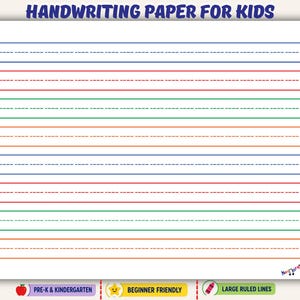 May include: Handwriting paper for kids featuring horizontal lines with alternating blue, green, orange, and red colors. Each row includes a dashed midline guide. The page includes text reading HANDWRITING PAPER FOR KIDS, PRE-K & KINDERGARTEN, BEGINNER FRIENDLY, and LARGE RULED LINES.
