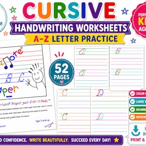 Può includere: Fogli di lavoro di scrittura corsiva per bambini dai 3 anni in su, con pratica delle lettere dalla A alla Z. I fogli di lavoro colorati includono lettere con codice colore, linee di scrittura grandi e guida per principianti. Il prodotto include 52 pagine.
