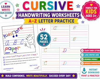 Cursive Handwriting Worksheets for Kids Printable Letter Tracing Practice Elementary Homeschool Writing Digital Download Kidznote