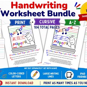 Puede incluir: Un paquete de hojas de trabajo de escritura a mano con opciones de impresión y cursiva, con letras codificadas por colores y líneas de escritura grandes. El paquete incluye un total de 104 páginas y es compatible con iPad. El texto de la imagen dice "Handwriting Worksheet Bundle".