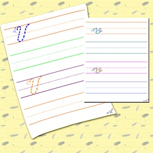 Puede incluir: Una hoja de trabajo imprimible con líneas punteadas para practicar la escritura de la letra minúscula 'v'. La letra 'v' se muestra en naranja, azul y morado en la hoja de trabajo.