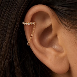 Chain CZ Ear Cuff Sterling Silver 925, No Piercing Earring, Gold Cartilage Cuff, Dangle Chain Ear Wrap, Bezel Set Crystal Cuff