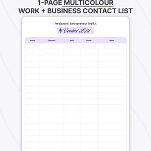 Puede incluir: Una plantilla de lista de contactos de negocios de una página con un encabezado morado claro. El documento incluye columnas para Nombre, Empresa, Rol, Teléfono y Notas. El texto incluye "1-PAGE MULTICOLOUR WORK + BUSINESS CONTACT LIST".