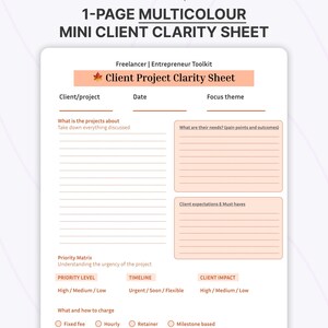 May include: A 1-page multicolour mini client clarity sheet for remote workers and freelancers. The document includes sections for client project details, focus themes, priority matrix, and payment methods, with the text Satin Designs Co. at the bottom.