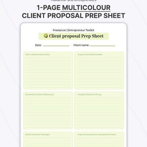 May include: A one-page multicolour client proposal prep sheet for remote workers. The document features sections for date, client name, client needs, scope of work, timeline, pricing, risks, and questions, with the text Satin Designs Co. at the bottom.