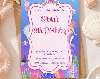 Mermaid Birthday Invitation Editable, Mermaid Invite Template Under the Sea Birthday Invitation Girl, Canva Editable Invite Instant Download