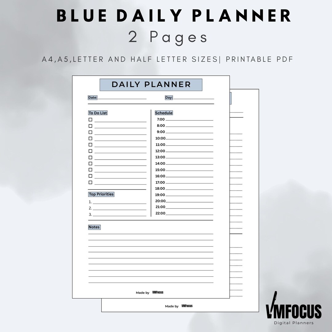Undated Minimalist Blue Daily Planner | 2-page Printable PDF Bundle - Etsy