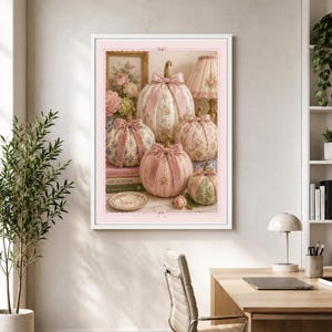 Boho Autumn Print, Coquette Pumpkin Poster | Pastel Pink Blush Art, Retro Travel Style | Multiple Sizes