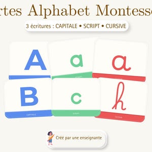 Peut inclure: Cartes d'alphabet Montessori avec trois écritures : capitale, script et cursive. Les cartes présentent les lettres A, B, a, c et un h cursif. Le texte "Cartes Alphabet Montessori" est en haut.