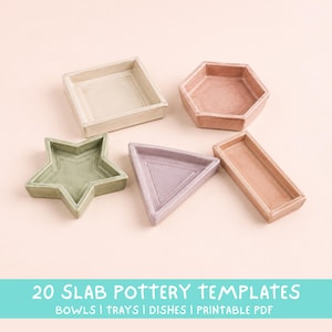 May include: Five ceramic trays in various geometric shapes including a square, hexagon, star, triangle, and rectangle. The trays feature muted pastel colours such as cream, pink, sage green, and lavender. Text at the bottom reads 20 SLAB POTTERY TEMPLATES BOWLS | TRAYS | DISHES | PRINTABLE PDF.