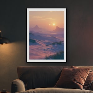 Twin Sun Desert Landscape Art Print, Fantasy Dusk Scene, Sci-Fi Wall Decor