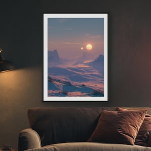 May include: A framed vertical wall art print depicting a surreal alien landscape with two glowing suns in a hazy, soft-toned sky. The terrain features rolling, snow-like dunes in shades of blue and pink, with distant rocky formations under a twilight atmosphere.
