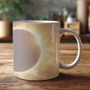 May include: A ceramic mug featuring a graphic print of a solar eclipse. The design displays a dark, circular silhouette partially obscuring a bright, glowing sun with golden, textured light rays radiating outward against a warm, light background.