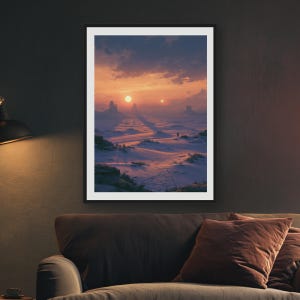 May include: A framed vertical wall art print depicting a desert landscape at sunset with two suns in the sky. The scene features rolling sand dunes, distant rock formations, and a lone figure walking across the terrain under a gradient orange sky.