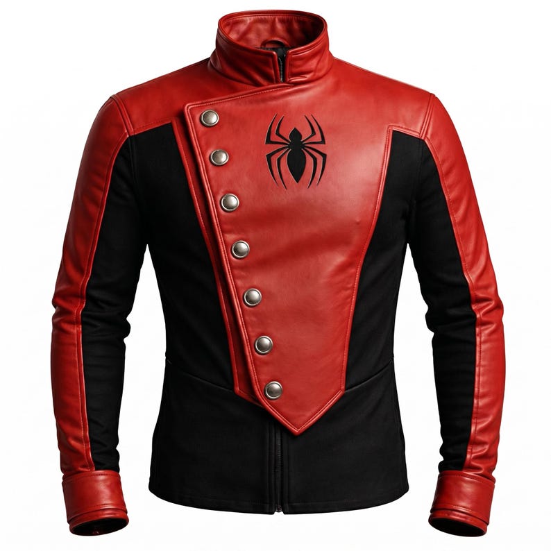 May include: A red and black leather jacket with a high collar and a row of silver buttons. The jacket features a black spider emblem on the chest. The sleeves and back panels are black, while the front panels are red.