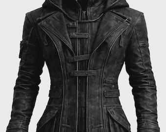Duster-coat homme noir en toile effet vieilli | Veste à capuche gothique cyberpunk steampunk
