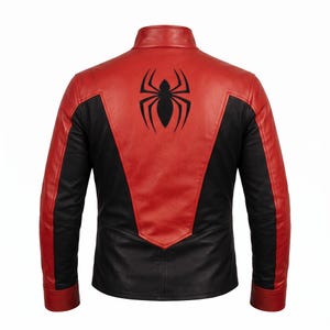 May include: A red and black leather jacket with a black spider emblem on the back. The jacket features a stand-up collar and a two-tone design, with red panels on the shoulders and back, and black sleeves and sides.