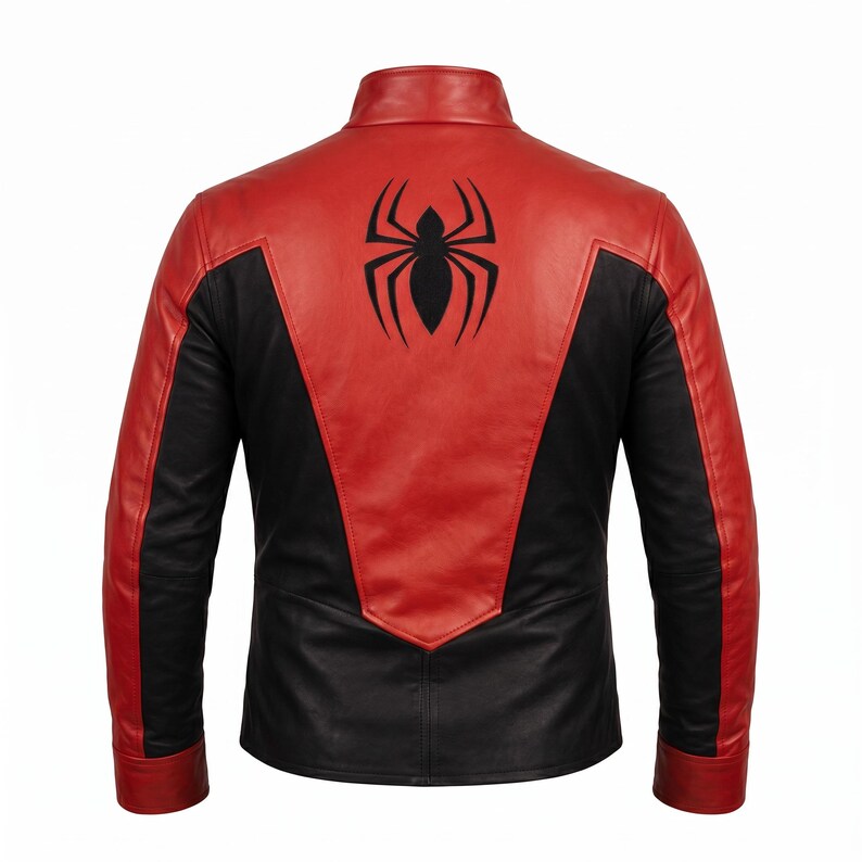 May include: A red and black leather jacket with a black spider emblem on the back. The jacket features a stand-up collar and a two-tone design, with red panels on the shoulders and back, and black sleeves and sides.