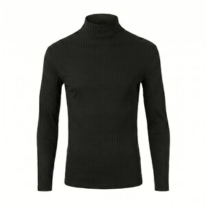 Peut inclure: Un haut noir &agrave; manches longues dot&eacute; d'un col roul&eacute; montant et d'une texture c&ocirc;tel&eacute;e verticale sur l'ensemble du tissu. Le v&ecirc;tement pr&eacute;sente des manches longues et un ourlet droit, avec une coupe ajust&eacute;e et une teinte sombre uniforme.