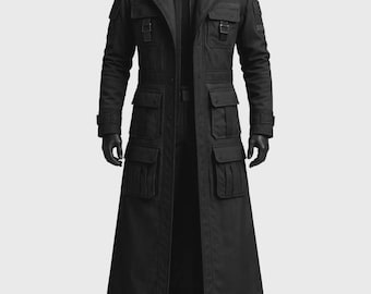 Long trench-coat tactique gothique | Veste homme noire style militaire Cyberpunk
