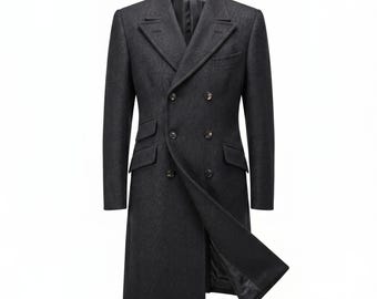 Pardessus vintage croisé en laine mélangée pour homme - Manteau d'hiver noir de style trench formel